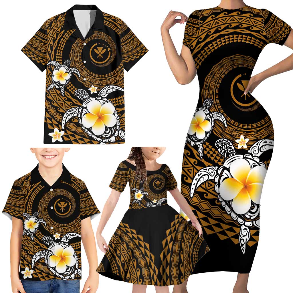 Hawaiian Plumeria Turtle Tribal Spiral Polynesian Tattoo Family Matching Short Sleeve Bodycon Dress and Hawaiian Shirt Gold Color