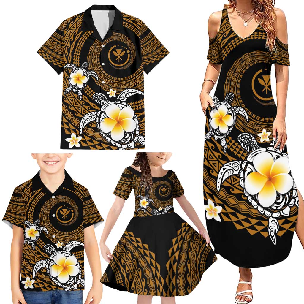 Hawaiian Plumeria Turtle Tribal Spiral Polynesian Tattoo Family Matching Summer Maxi Dress and Hawaiian Shirt Gold Color