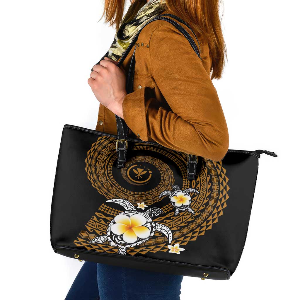 Hawaiian Plumeria Turtle Tribal Spiral Polynesian Tattoo Leather Tote Bag Gold Color LT03 Gold - Polynesian Pride
