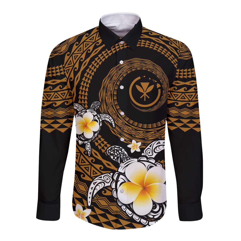 Hawaiian Plumeria Turtle Tribal Spiral Polynesian Tattoo Long Sleeve Button Shirt Gold Color