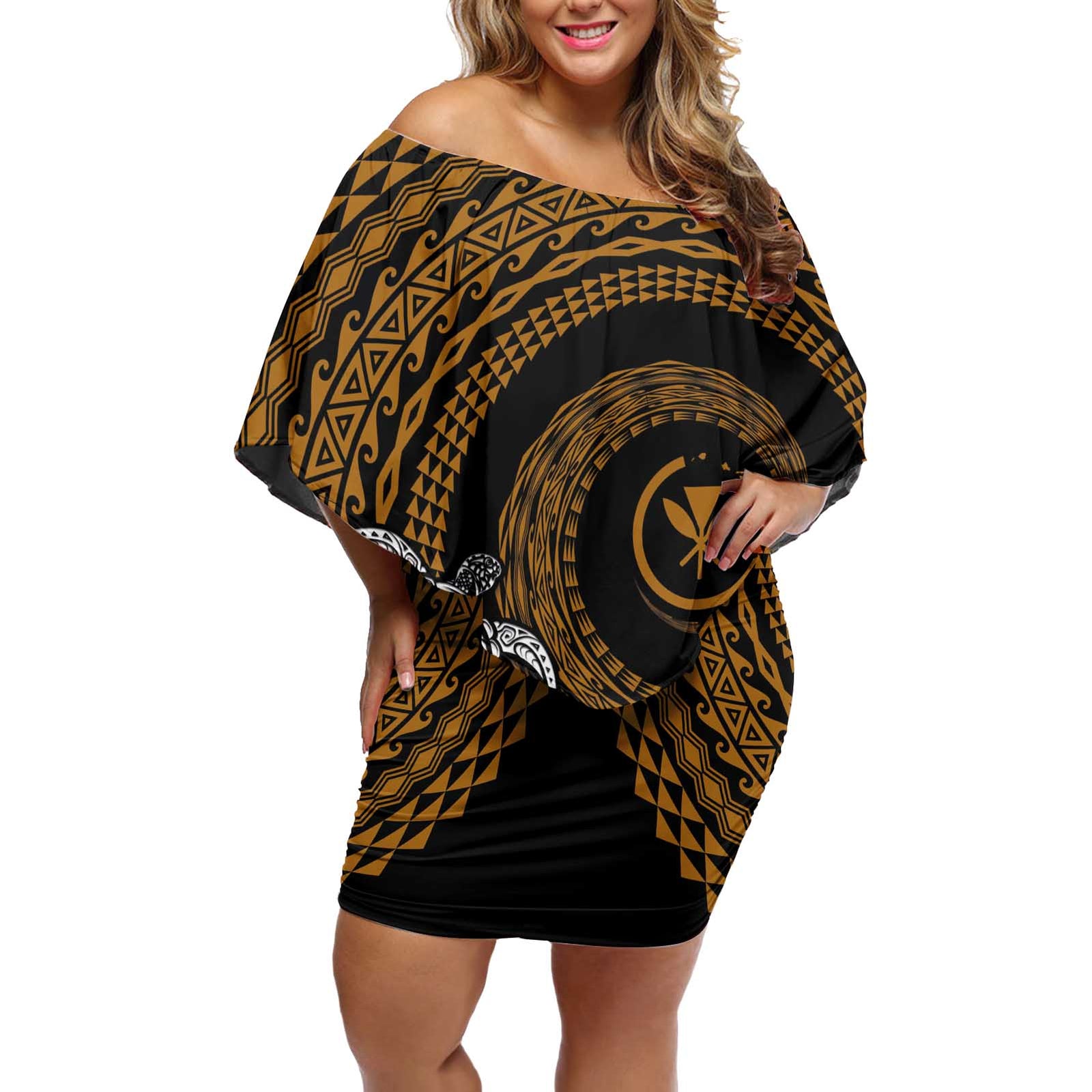 Hawaiian Plumeria Turtle Tribal Spiral Polynesian Tattoo Off Shoulder Short Dress Gold Color LT03 Women Gold - Polynesian Pride