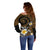 Hawaiian Plumeria Turtle Tribal Spiral Polynesian Tattoo Off Shoulder Sweater Gold Color