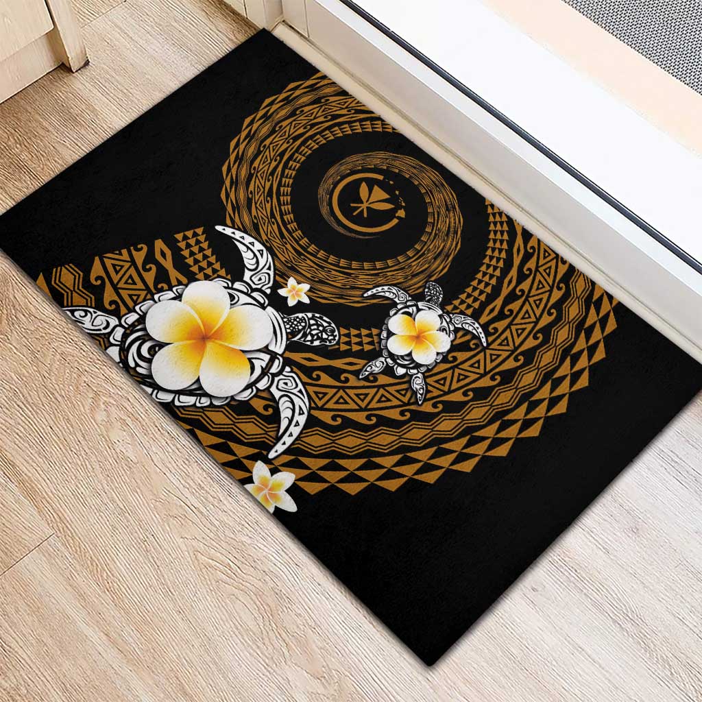 Hawaiian Plumeria Turtle Tribal Spiral Polynesian Tattoo Rubber Doormat Gold Color