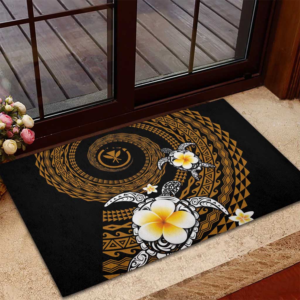 Hawaiian Plumeria Turtle Tribal Spiral Polynesian Tattoo Rubber Doormat Gold Color