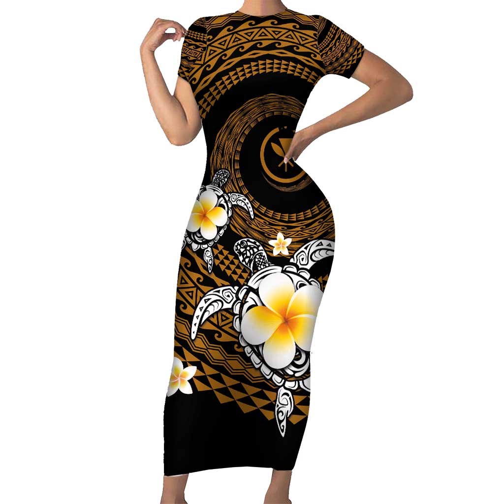 Hawaiian Plumeria Turtle Tribal Spiral Polynesian Tattoo Short Sleeve Bodycon Dress Gold Color