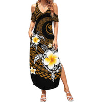 Hawaiian Plumeria Turtle Tribal Spiral Polynesian Tattoo Summer Maxi Dress Gold Color LT03 Women Gold - Polynesian Pride