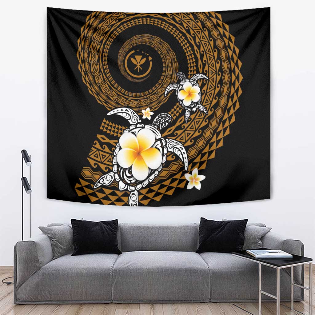 Hawaiian Plumeria Turtle Tribal Spiral Polynesian Tattoo Tapestry Gold Color