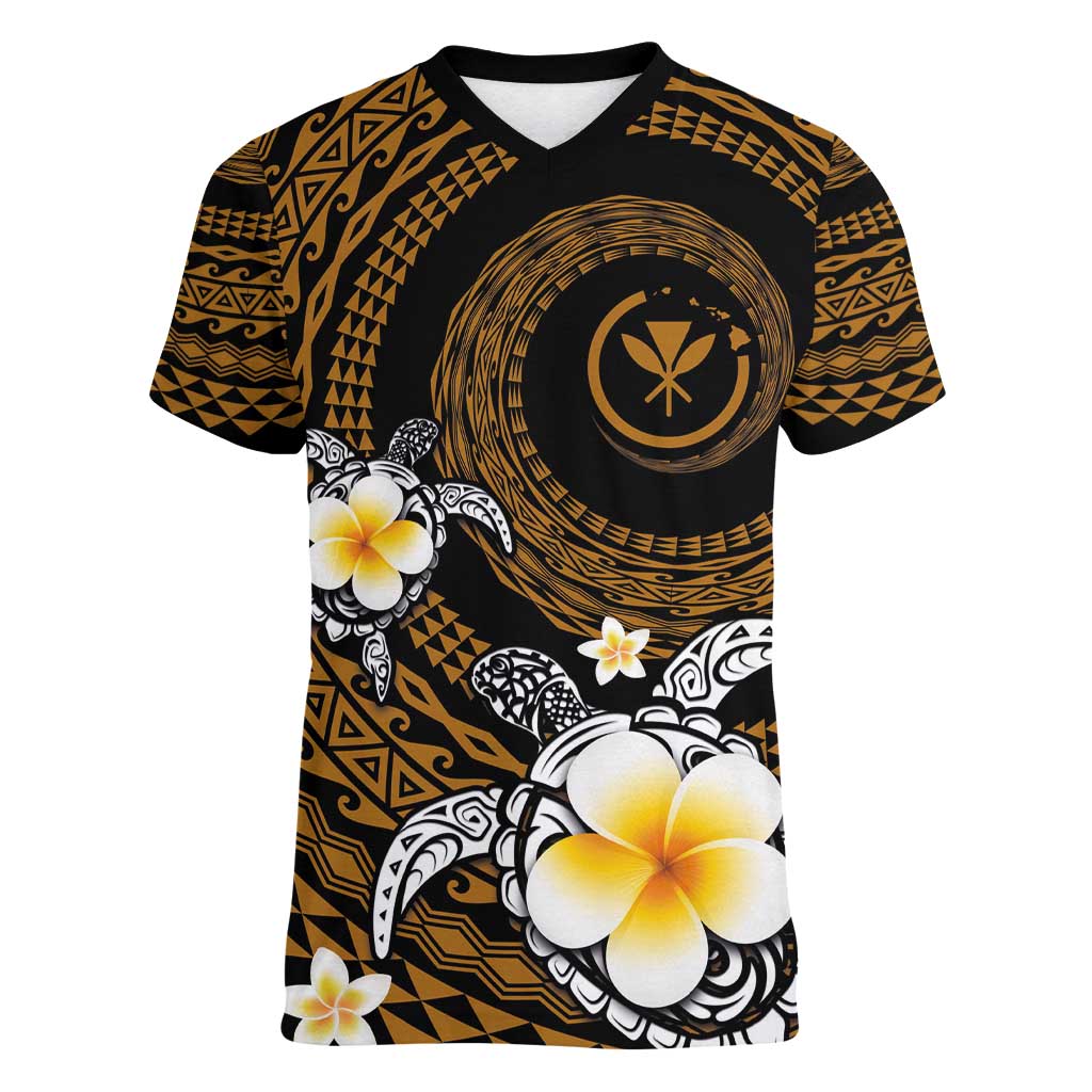 Hawaiian Plumeria Turtle Tribal Spiral Polynesian Tattoo Women V-Neck T-Shirt Gold Color