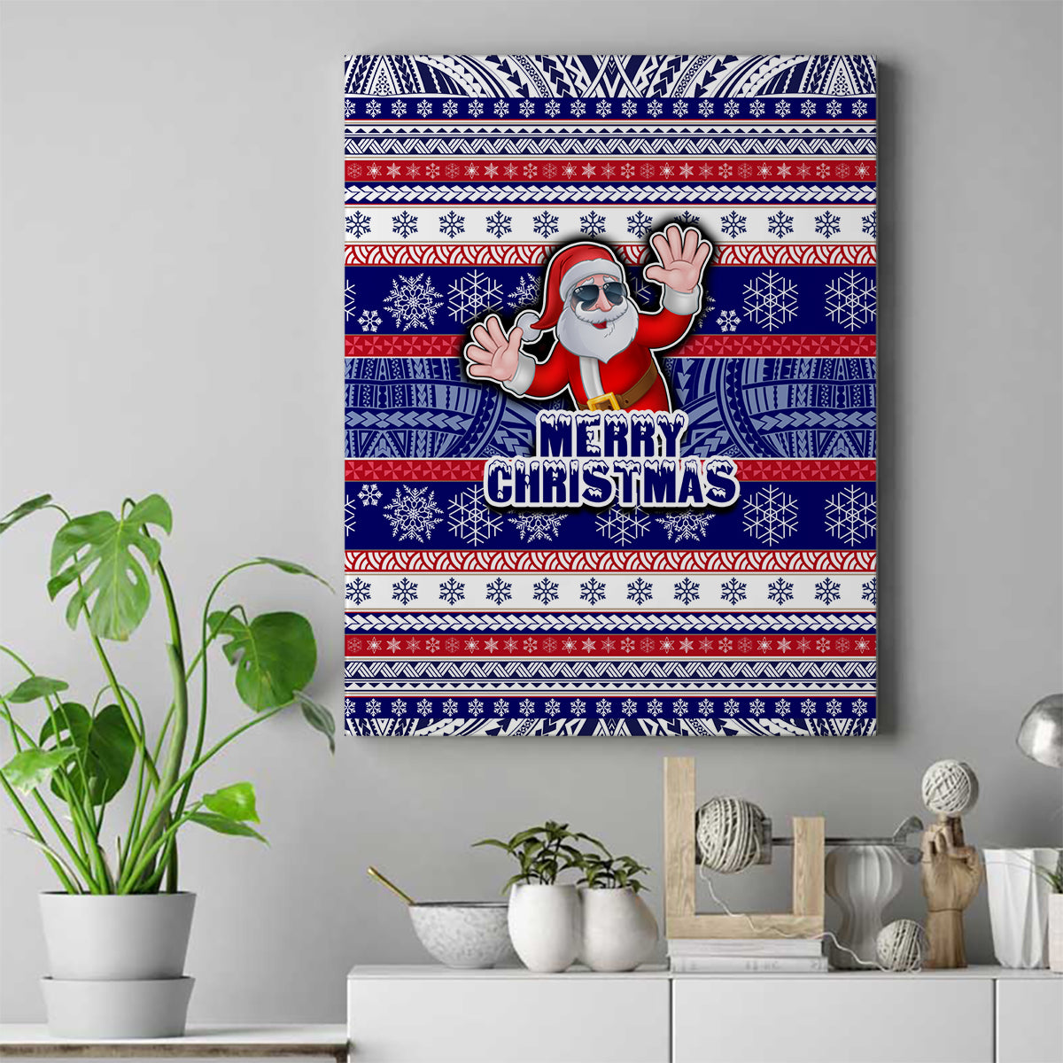 American Samoa Christmas Canvas Wall Art Samoan Coat of Arms and Cool Santa Ornament Style LT03 Blue - Polynesian Pride