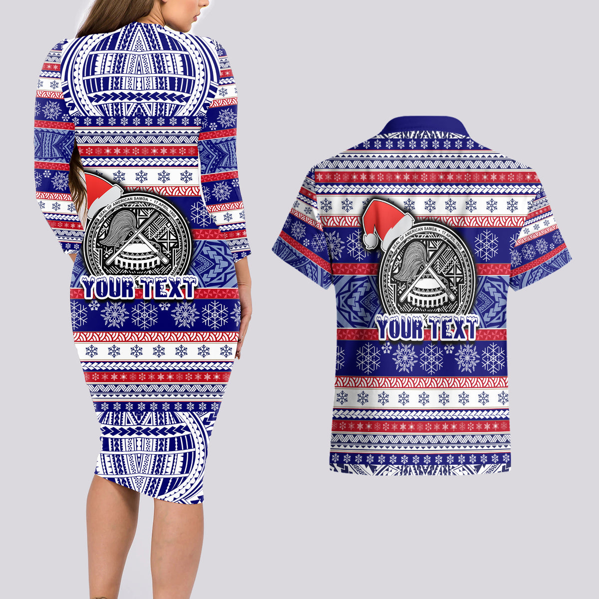 Custom American Samoa Christmas Couples Matching Long Sleeve Bodycon Dress and Hawaiian Shirt Samoan Coat of Arms and Cool Santa Ornament Style LT03 - Polynesian Pride