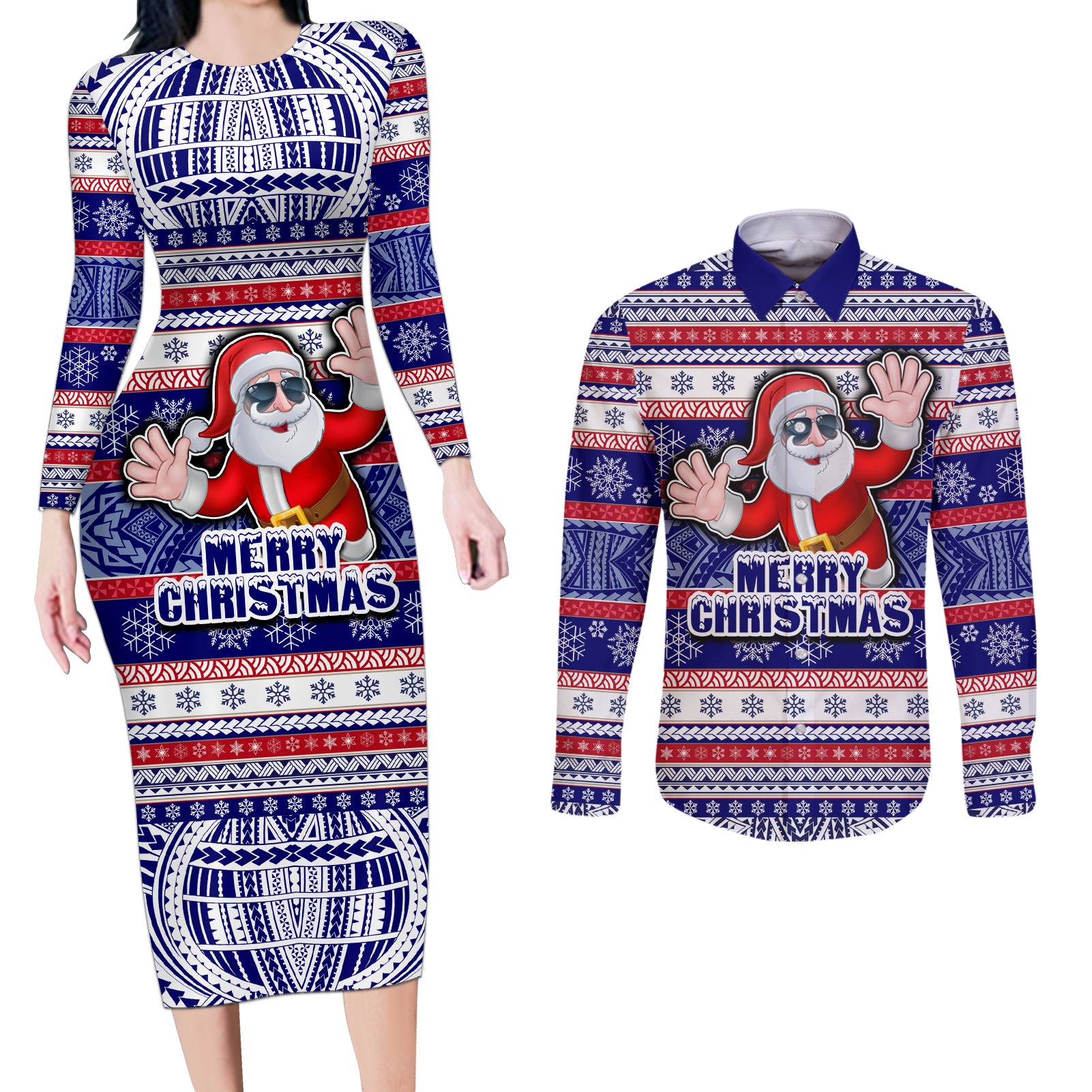 Custom American Samoa Christmas Couples Matching Long Sleeve Bodycon Dress and Long Sleeve Button Shirts Samoan Coat of Arms and Cool Santa Ornament Style LT03 Blue - Polynesian Pride