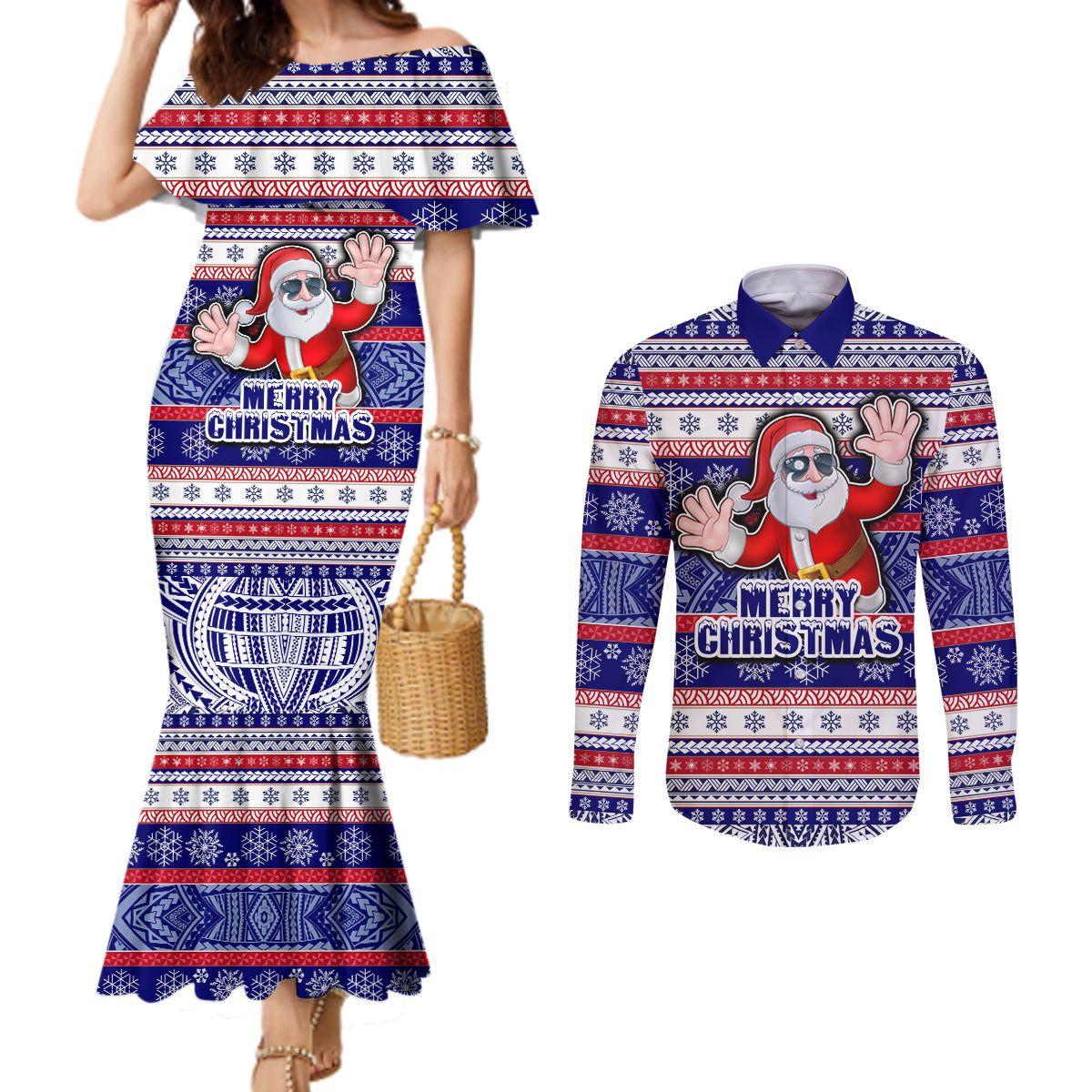 Custom American Samoa Christmas Couples Matching Mermaid Dress and Long Sleeve Button Shirts Samoan Coat of Arms and Cool Santa Ornament Style LT03 Blue - Polynesian Pride