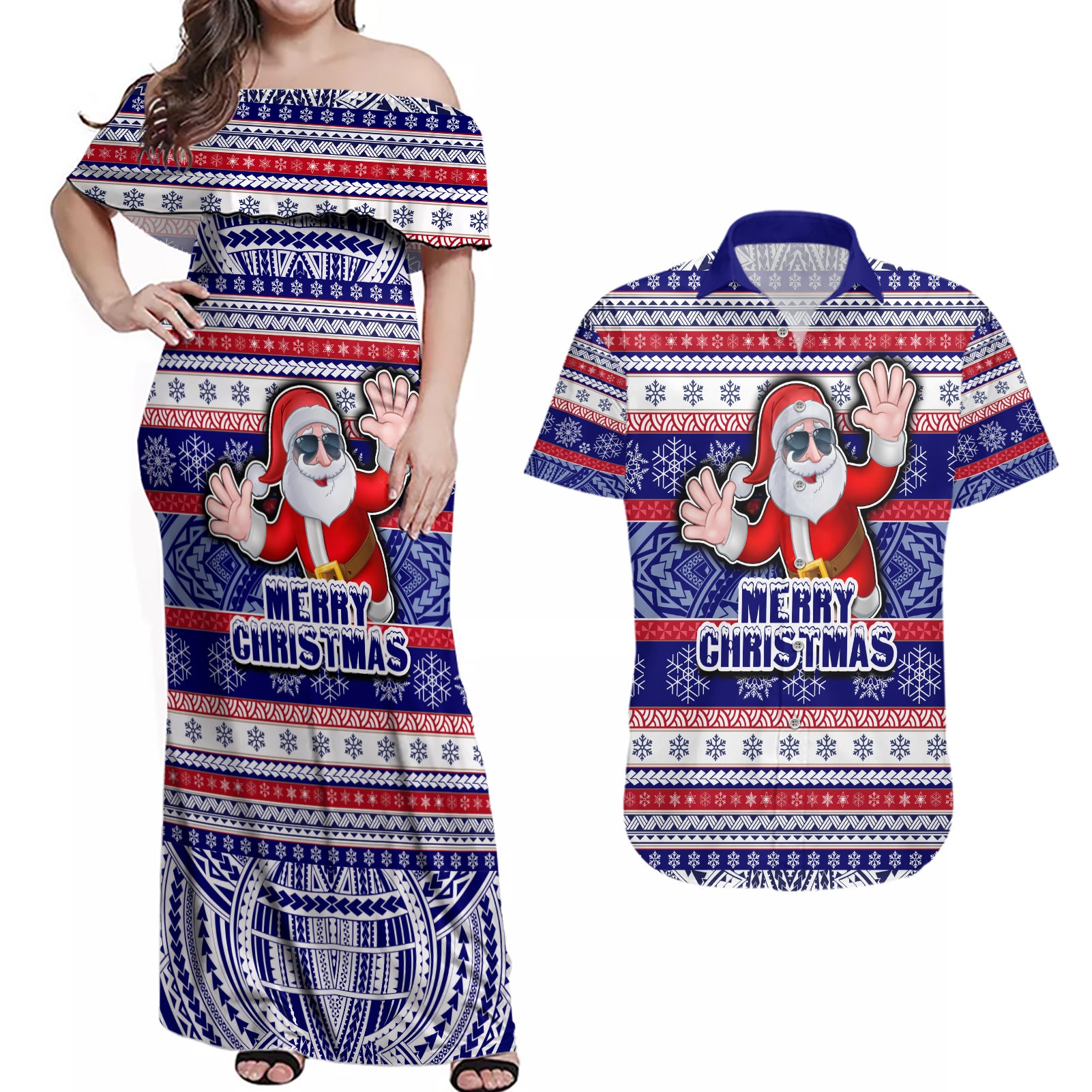 Custom American Samoa Christmas Couples Matching Off Shoulder Maxi Dress and Hawaiian Shirt Samoan Coat of Arms and Cool Santa Ornament Style LT03 Blue - Polynesian Pride