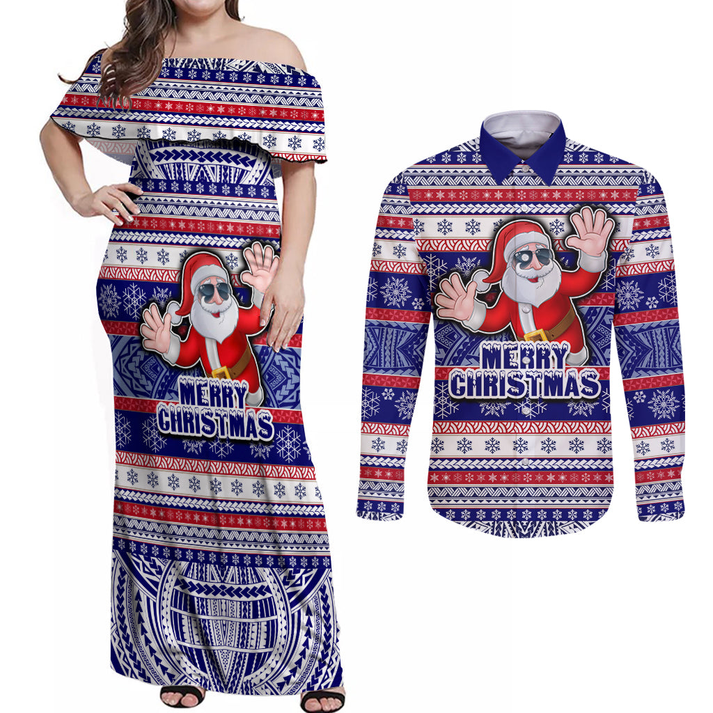 Custom American Samoa Christmas Couples Matching Off Shoulder Maxi Dress and Long Sleeve Button Shirts Samoan Coat of Arms and Cool Santa Ornament Style LT03 Blue - Polynesian Pride