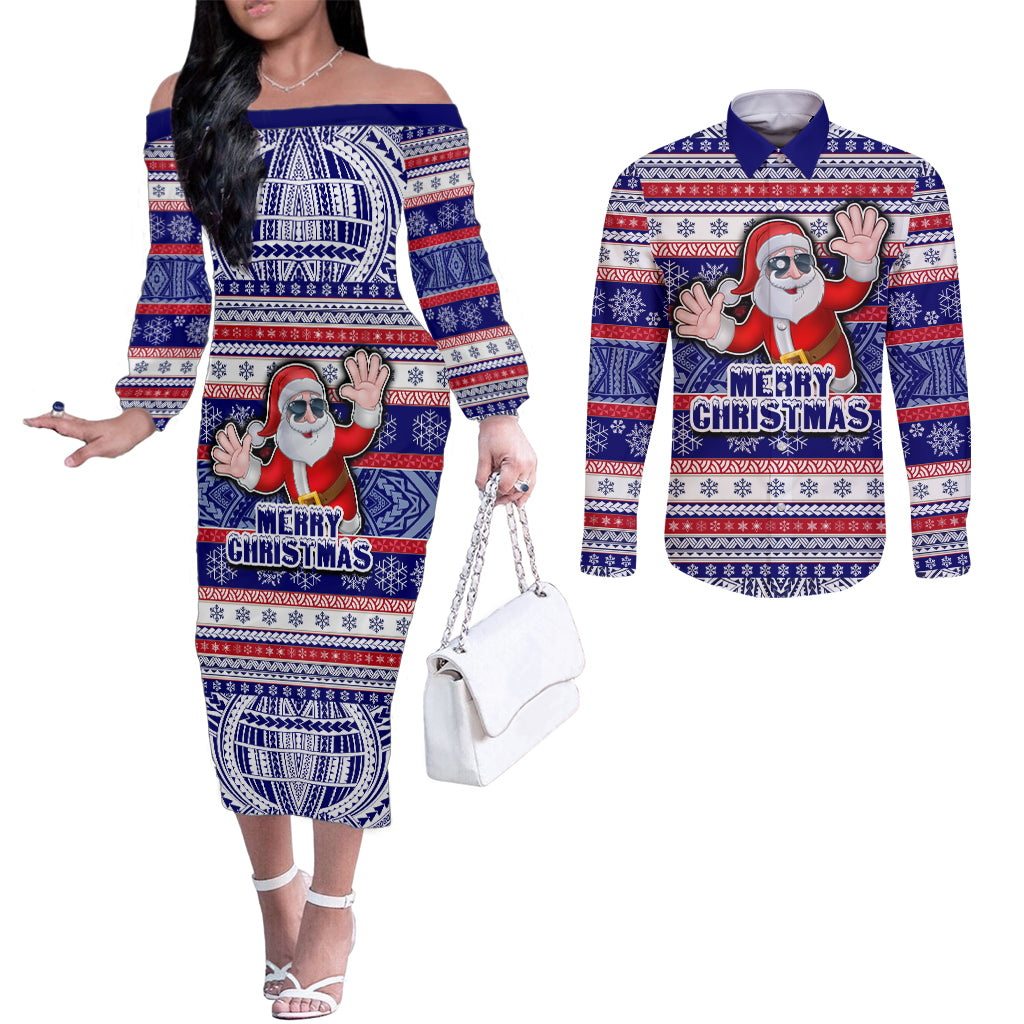 Custom American Samoa Christmas Couples Matching Off The Shoulder Long Sleeve Dress and Long Sleeve Button Shirts Samoan Coat of Arms and Cool Santa Ornament Style LT03 Blue - Polynesian Pride