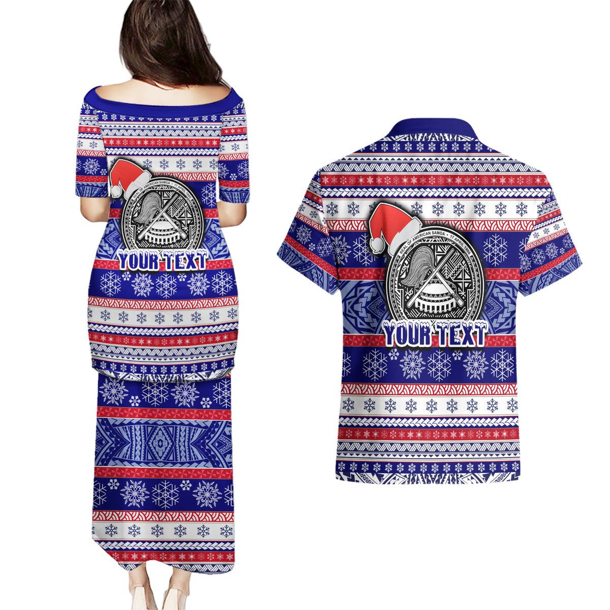 Custom American Samoa Christmas Couples Matching Puletasi Dress and Hawaiian Shirt Samoan Coat of Arms and Cool Santa Ornament Style LT03 - Polynesian Pride