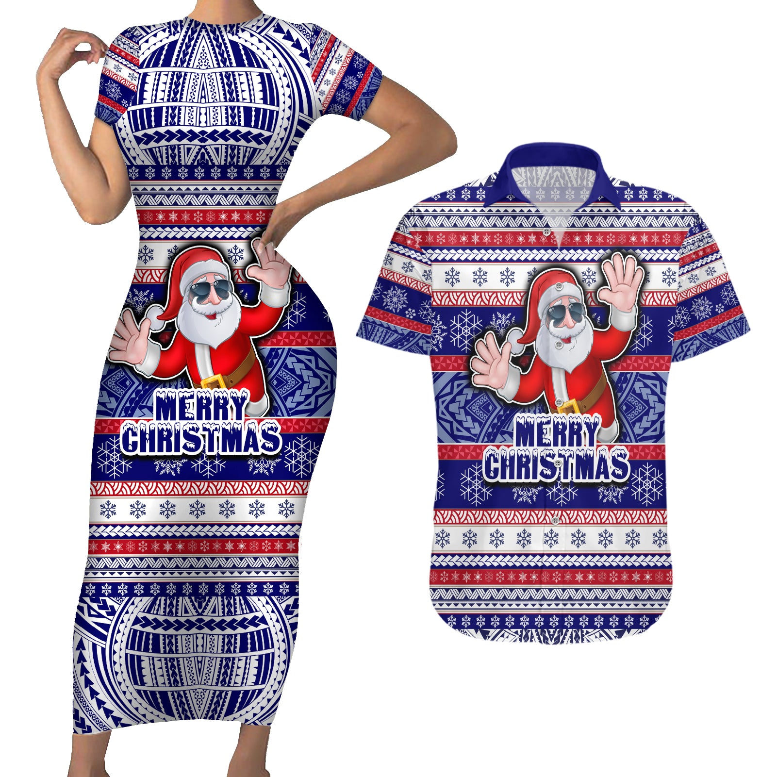 Custom American Samoa Christmas Couples Matching Short Sleeve Bodycon Dress and Hawaiian Shirt Samoan Coat of Arms and Cool Santa Ornament Style LT03 Blue - Polynesian Pride