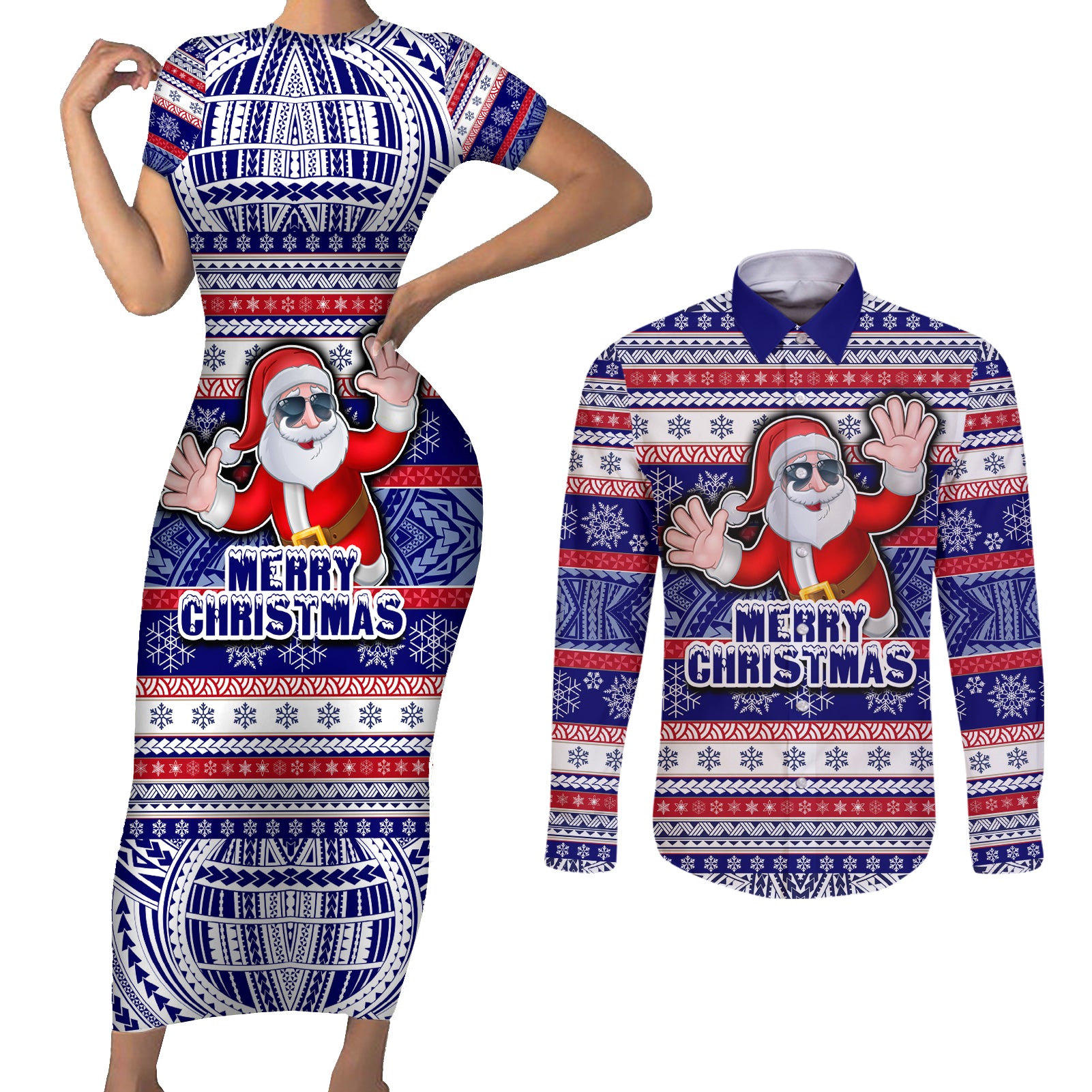 Custom American Samoa Christmas Couples Matching Short Sleeve Bodycon Dress and Long Sleeve Button Shirts Samoan Coat of Arms and Cool Santa Ornament Style LT03 Blue - Polynesian Pride