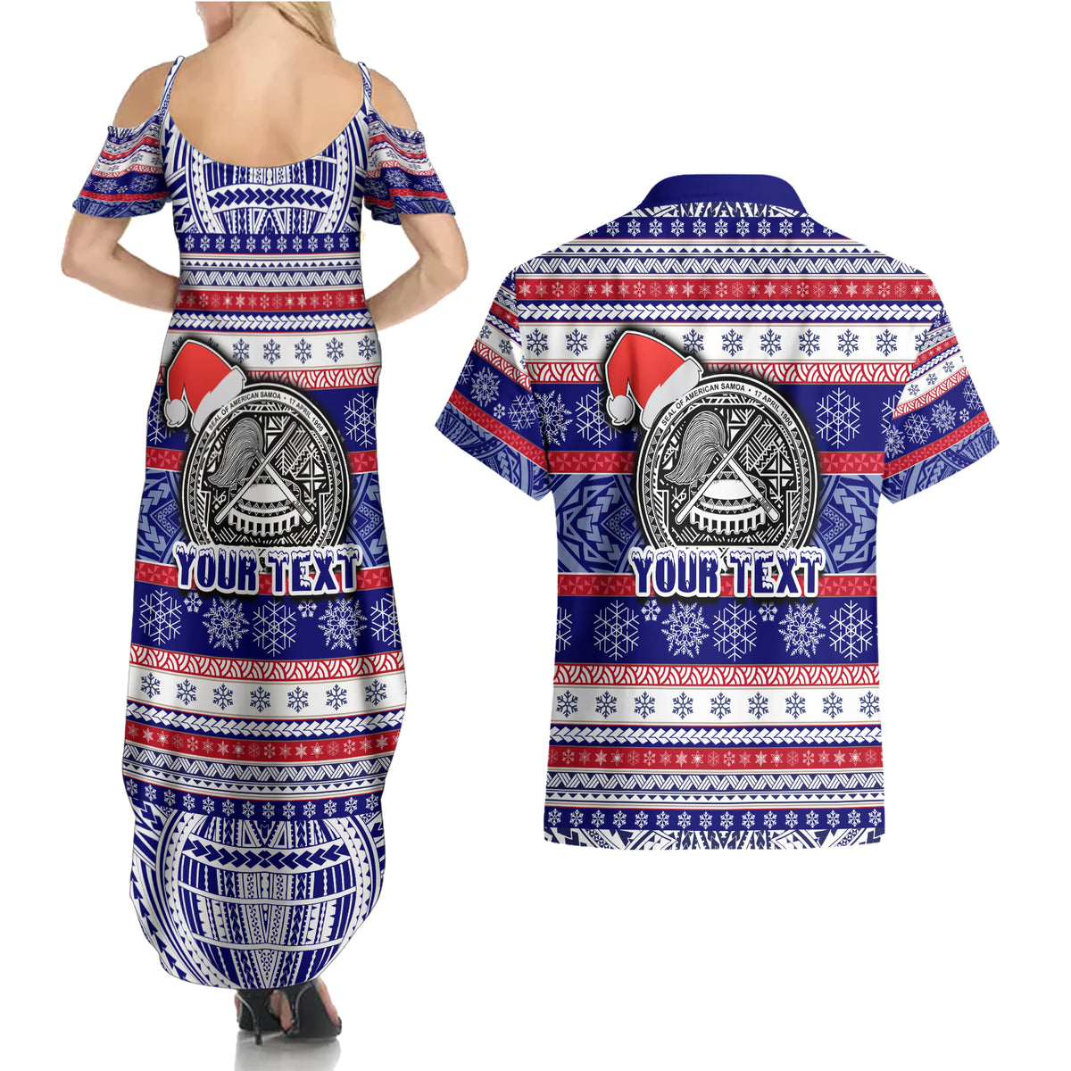 Custom American Samoa Christmas Couples Matching Summer Maxi Dress and Hawaiian Shirt Samoan Coat of Arms and Cool Santa Ornament Style LT03 - Polynesian Pride