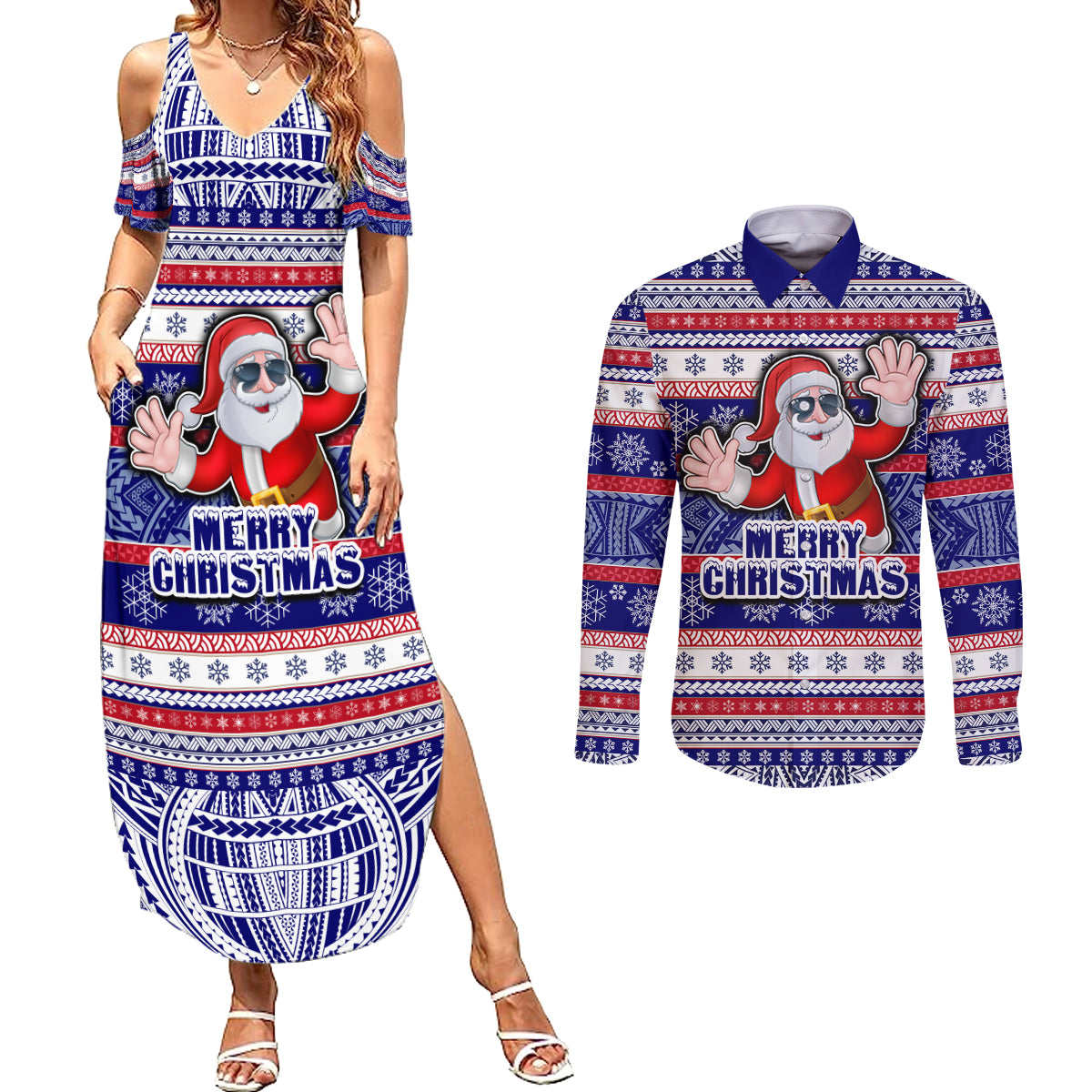 Custom American Samoa Christmas Couples Matching Summer Maxi Dress and Long Sleeve Button Shirts Samoan Coat of Arms and Cool Santa Ornament Style LT03 Blue - Polynesian Pride