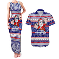Custom American Samoa Christmas Couples Matching Tank Maxi Dress and Hawaiian Shirt Samoan Coat of Arms and Cool Santa Ornament Style LT03 Blue - Polynesian Pride