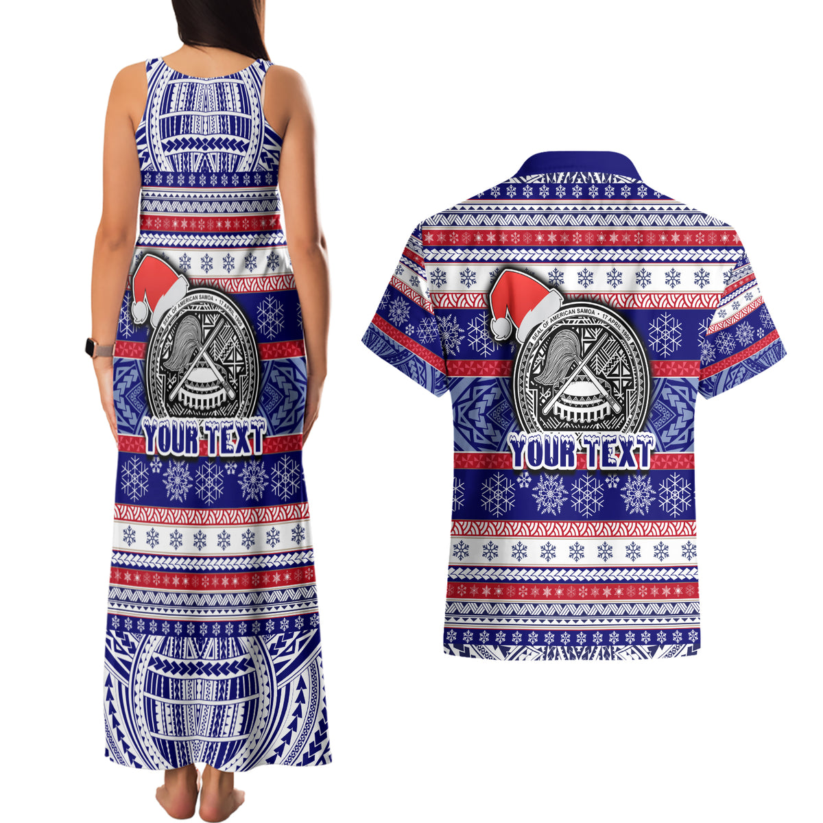 Custom American Samoa Christmas Couples Matching Tank Maxi Dress and Hawaiian Shirt Samoan Coat of Arms and Cool Santa Ornament Style LT03 - Polynesian Pride