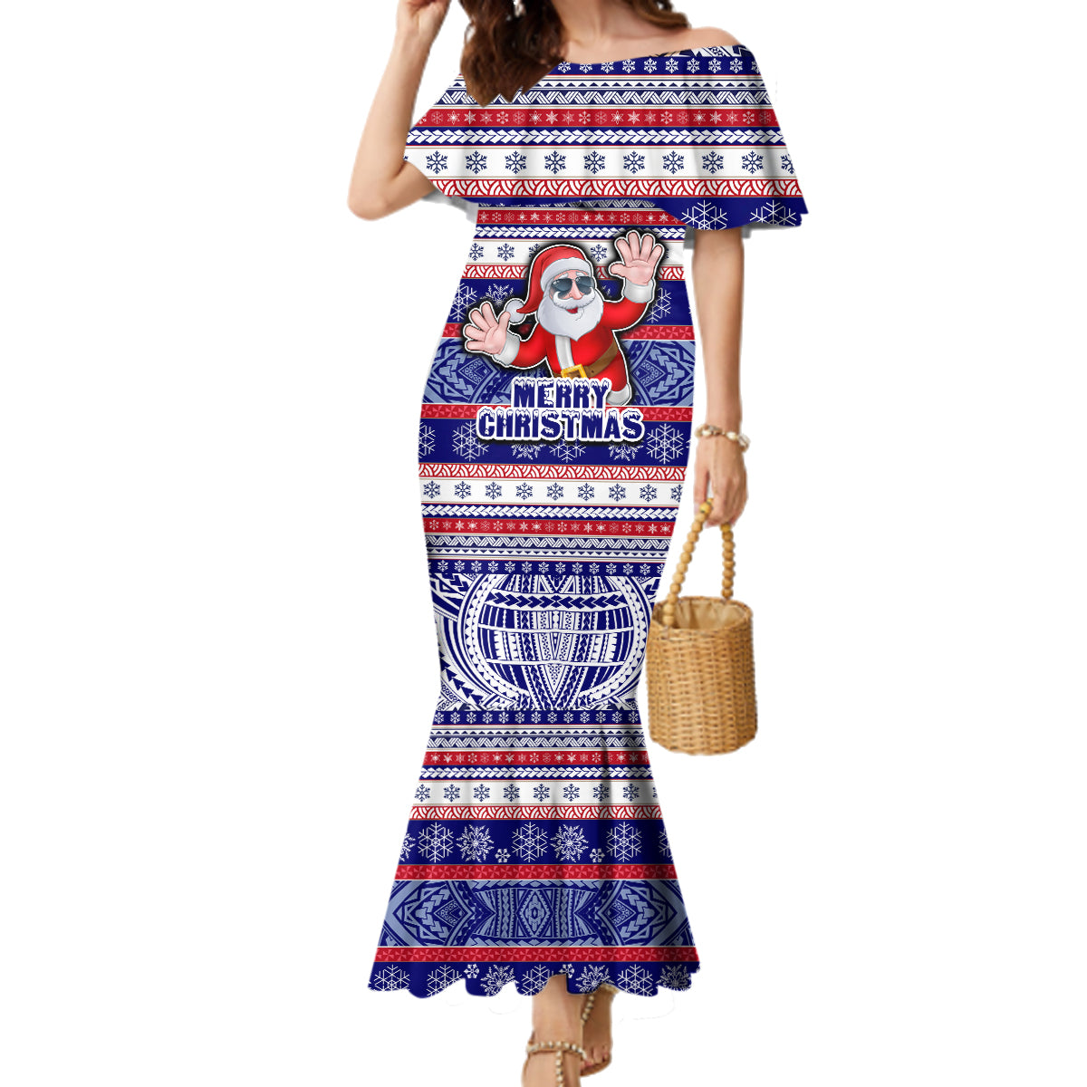 Custom American Samoa Christmas Family Matching Mermaid Dress and Hawaiian Shirt Samoan Coat of Arms and Cool Santa Ornament Style LT03 Mom's Dress Blue - Polynesian Pride