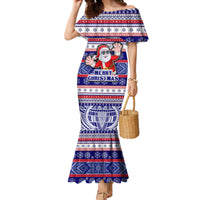 Custom American Samoa Christmas Family Matching Mermaid Dress and Hawaiian Shirt Samoan Coat of Arms and Cool Santa Ornament Style LT03 Mom's Dress Blue - Polynesian Pride
