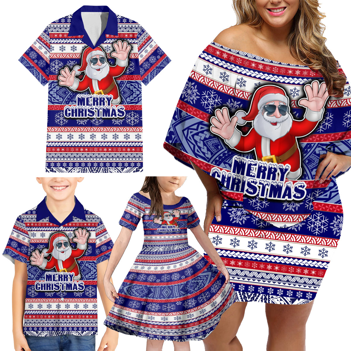 Custom American Samoa Christmas Family Matching Off Shoulder Short Dress and Hawaiian Shirt Samoan Coat of Arms and Cool Santa Ornament Style LT03 - Polynesian Pride