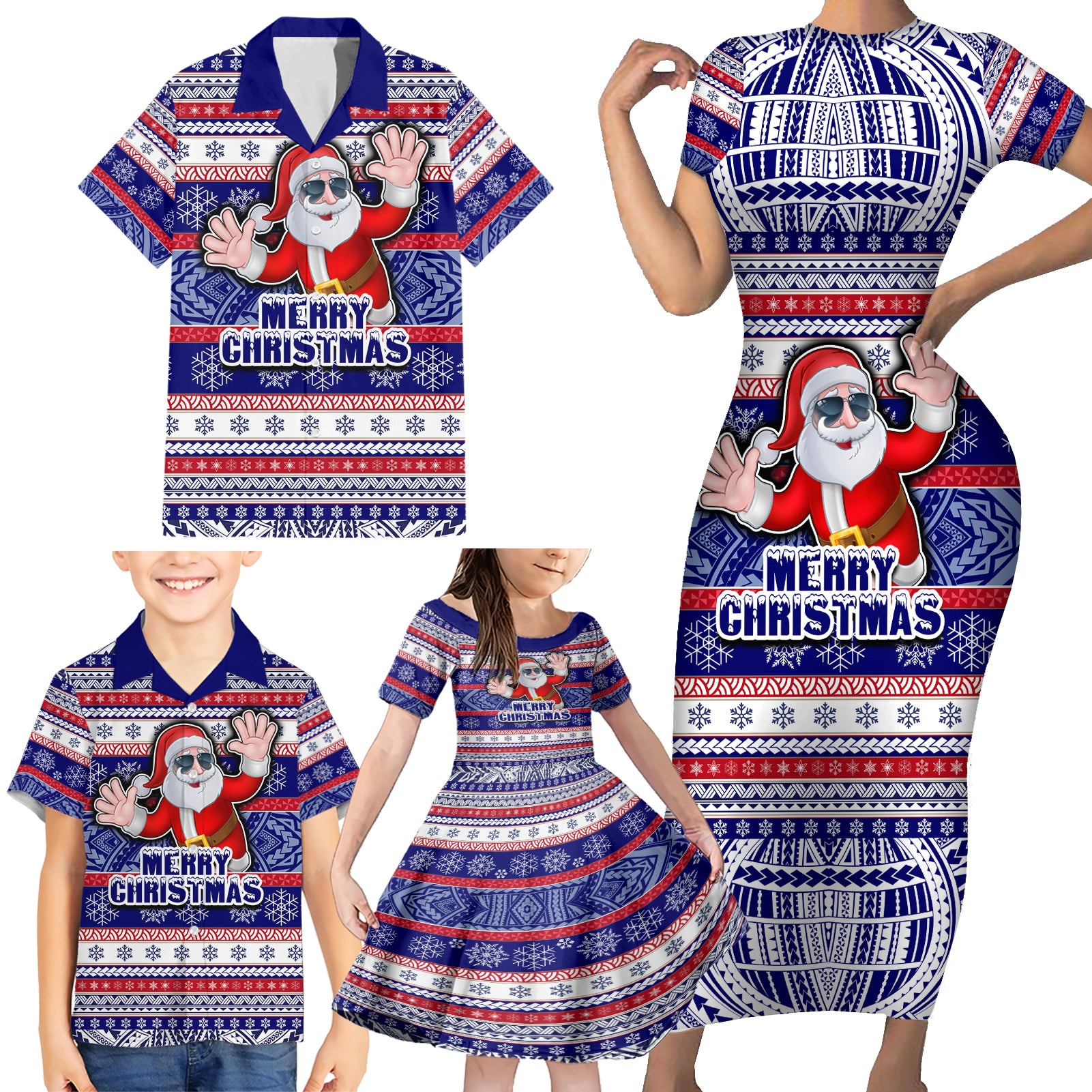 Custom American Samoa Christmas Family Matching Short Sleeve Bodycon Dress and Hawaiian Shirt Samoan Coat of Arms and Cool Santa Ornament Style LT03 - Polynesian Pride