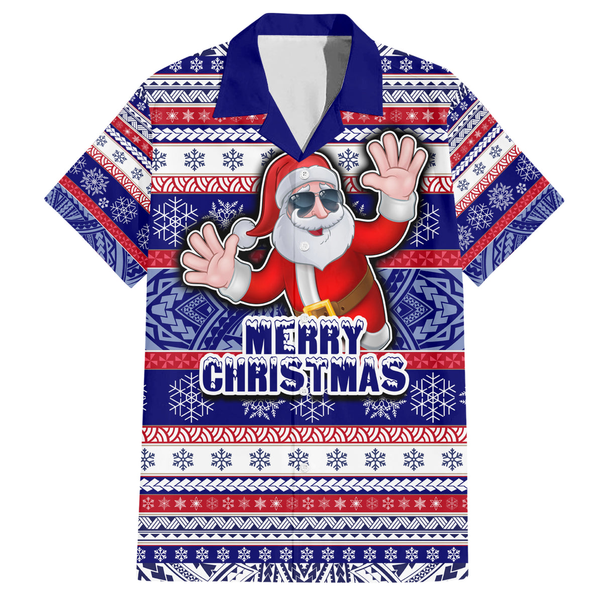 Custom American Samoa Christmas Family Matching Short Sleeve Bodycon Dress and Hawaiian Shirt Samoan Coat of Arms and Cool Santa Ornament Style LT03 Dad's Shirt - Short Sleeve Blue - Polynesian Pride