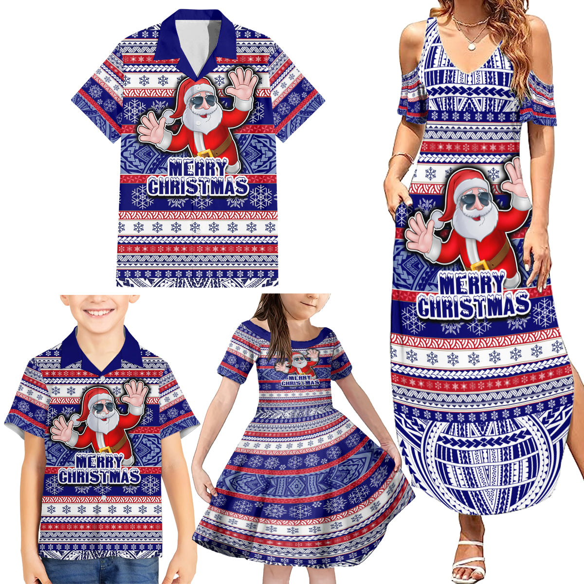 Custom American Samoa Christmas Family Matching Summer Maxi Dress and Hawaiian Shirt Samoan Coat of Arms and Cool Santa Ornament Style LT03 - Polynesian Pride