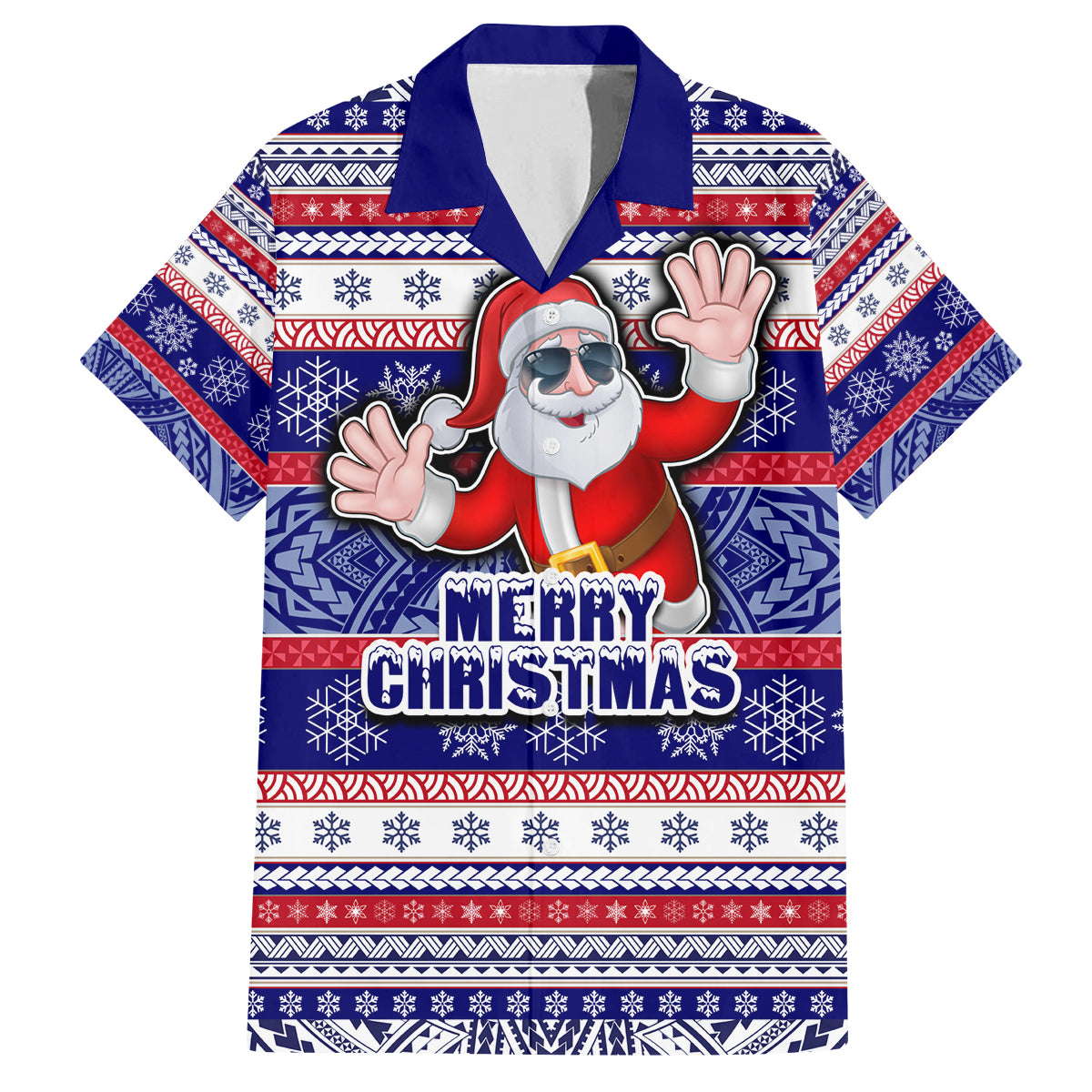 Custom American Samoa Christmas Family Matching Summer Maxi Dress and Hawaiian Shirt Samoan Coat of Arms and Cool Santa Ornament Style LT03 Dad's Shirt - Short Sleeve Blue - Polynesian Pride