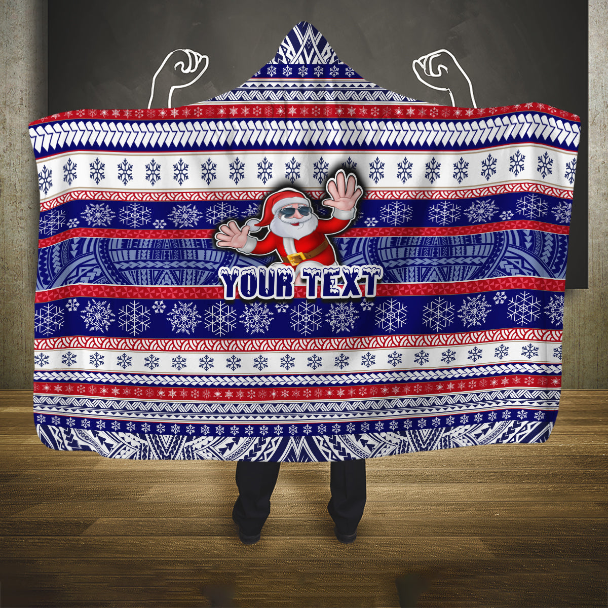 Custom American Samoa Christmas Hooded Blanket Samoan Coat of Arms and Cool Santa Ornament Style LT03 One Size Blue - Polynesian Pride