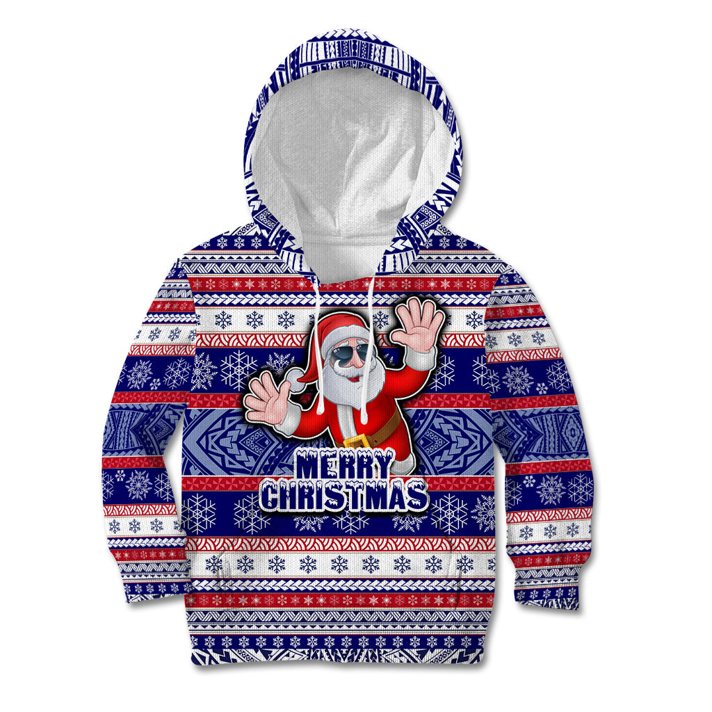 Custom American Samoa Christmas Kid Hoodie Samoan Coat of Arms and Cool Santa Ornament Style LT03 Blue - Polynesian Pride