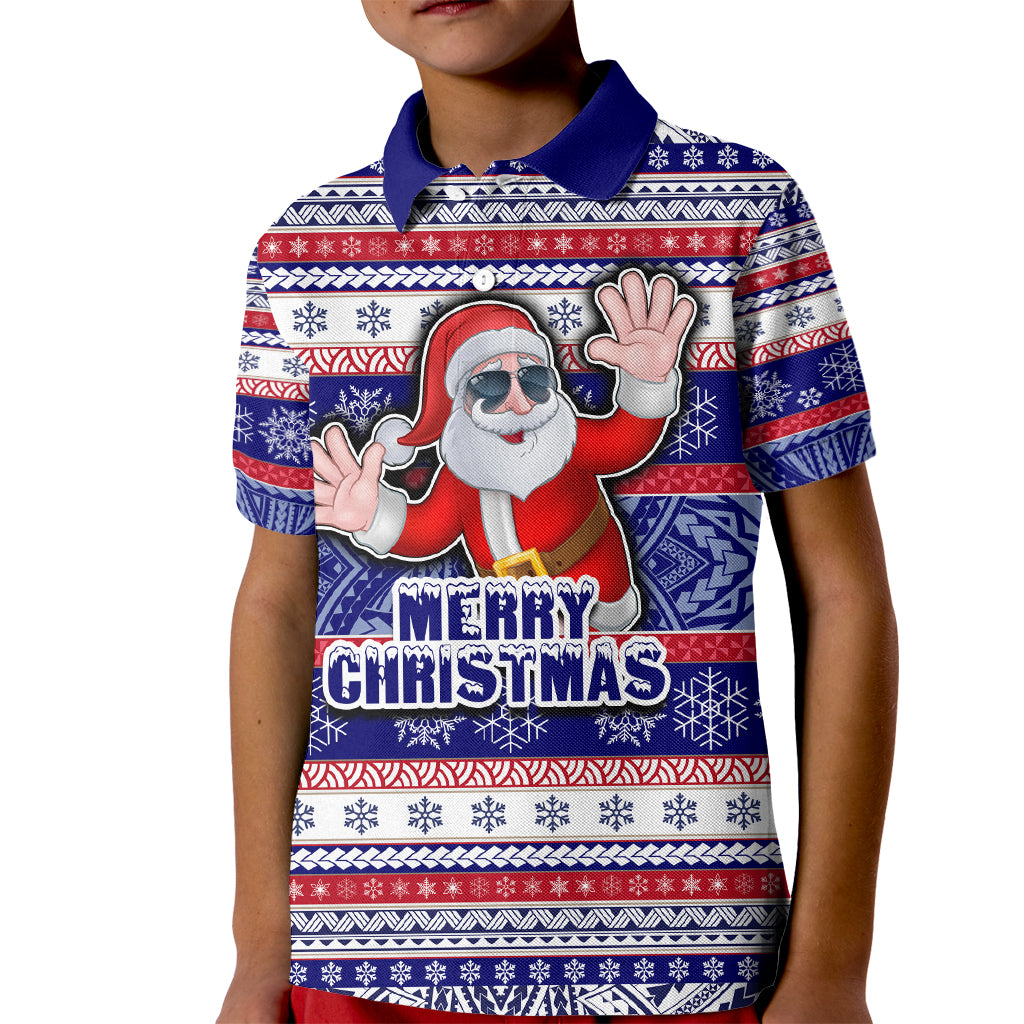 Custom American Samoa Christmas Kid Polo Shirt Samoan Coat of Arms and Cool Santa Ornament Style LT03 Kid Blue - Polynesian Pride