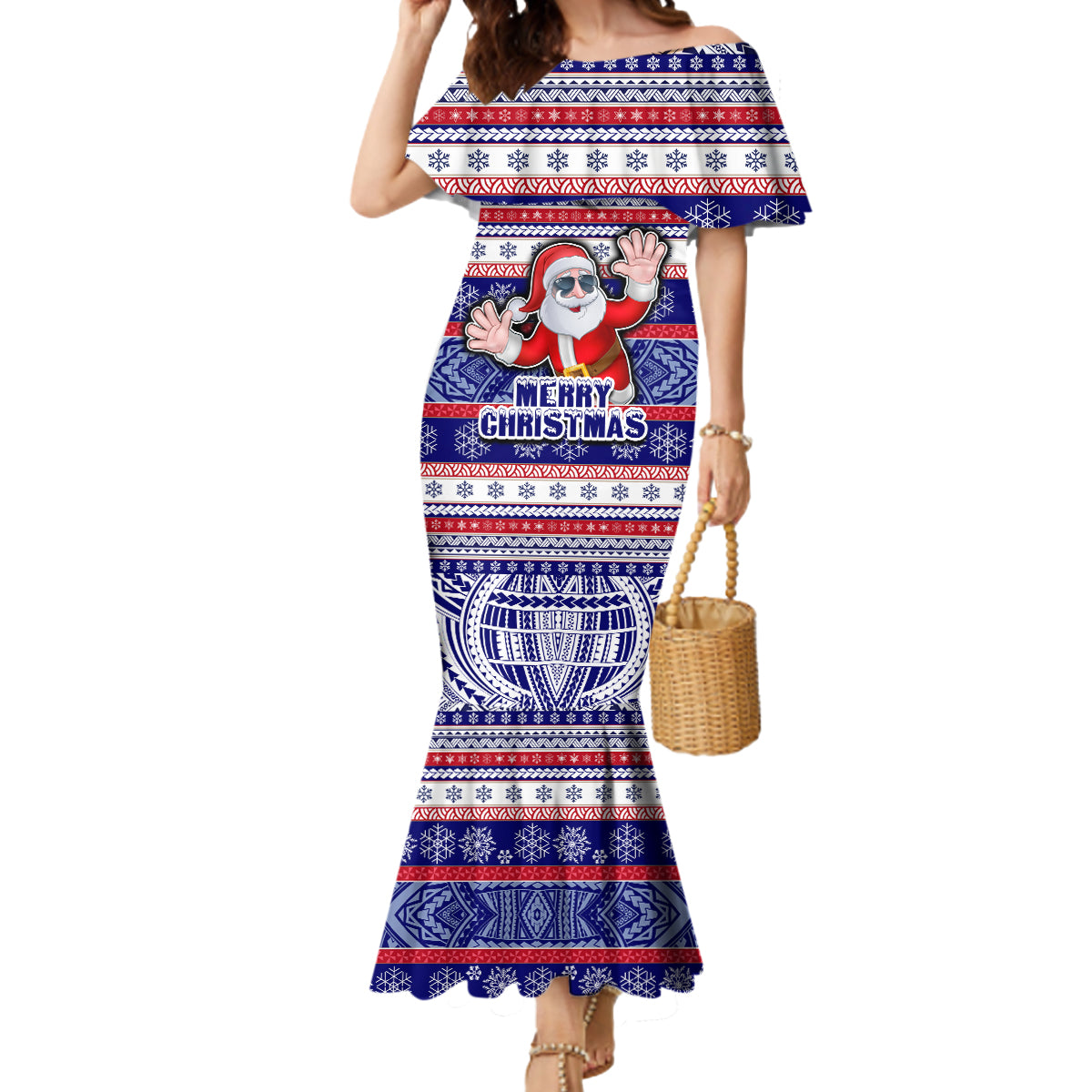 Custom American Samoa Christmas Mermaid Dress Samoan Coat of Arms and Cool Santa Ornament Style LT03 Women Blue - Polynesian Pride