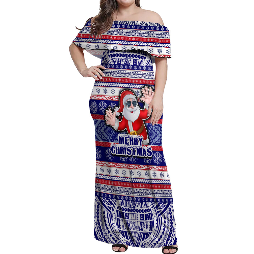 Custom American Samoa Christmas Off Shoulder Maxi Dress Samoan Coat of Arms and Cool Santa Ornament Style LT03 Women Blue - Polynesian Pride