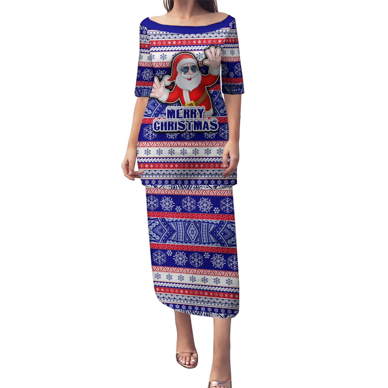 Custom American Samoa Christmas Puletasi Samoan Coat of Arms and Cool Santa Ornament Style LT03 Long Dress Blue - Polynesian Pride