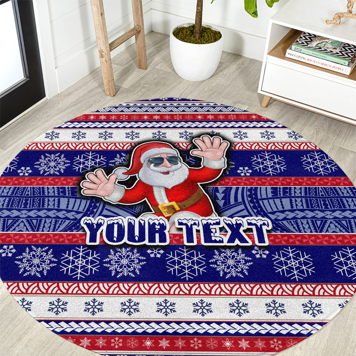 Custom American Samoa Christmas Round Carpet Samoan Coat of Arms and Cool Santa Ornament Style LT03 Blue - Polynesian Pride