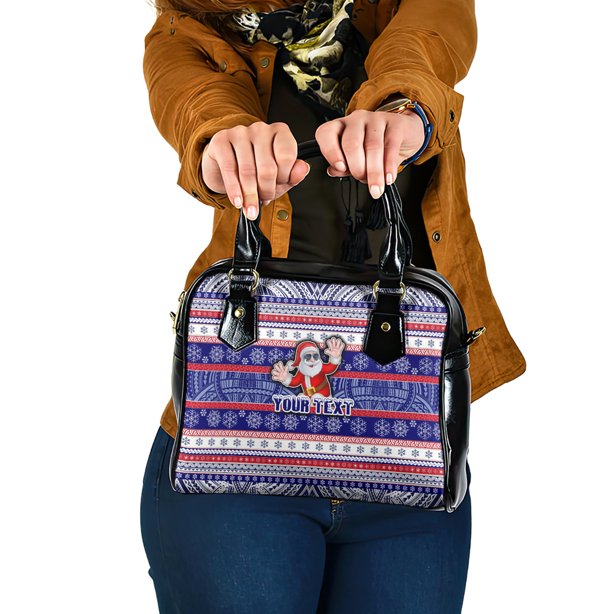 Custom American Samoa Christmas Shoulder Handbag Samoan Coat of Arms and Cool Santa Ornament Style LT03 One Size Blue - Polynesian Pride