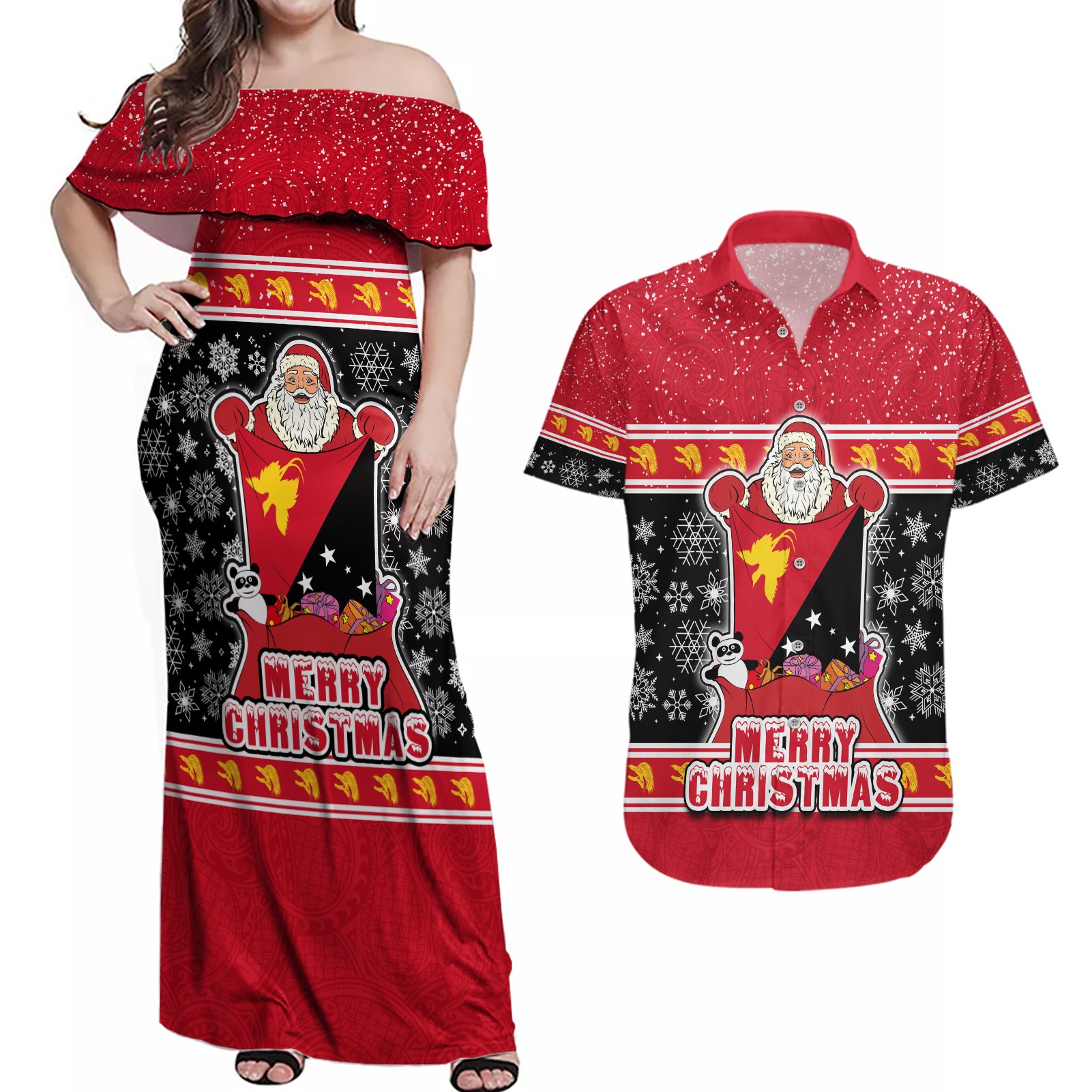 Papua New Guinea Christmas Couples Matching Off Shoulder Maxi Dress and Hawaiian Shirt Santa With Flag Of PNG Polynesian Tribal Xmas Vibe LT03 Red - Polynesian Pride