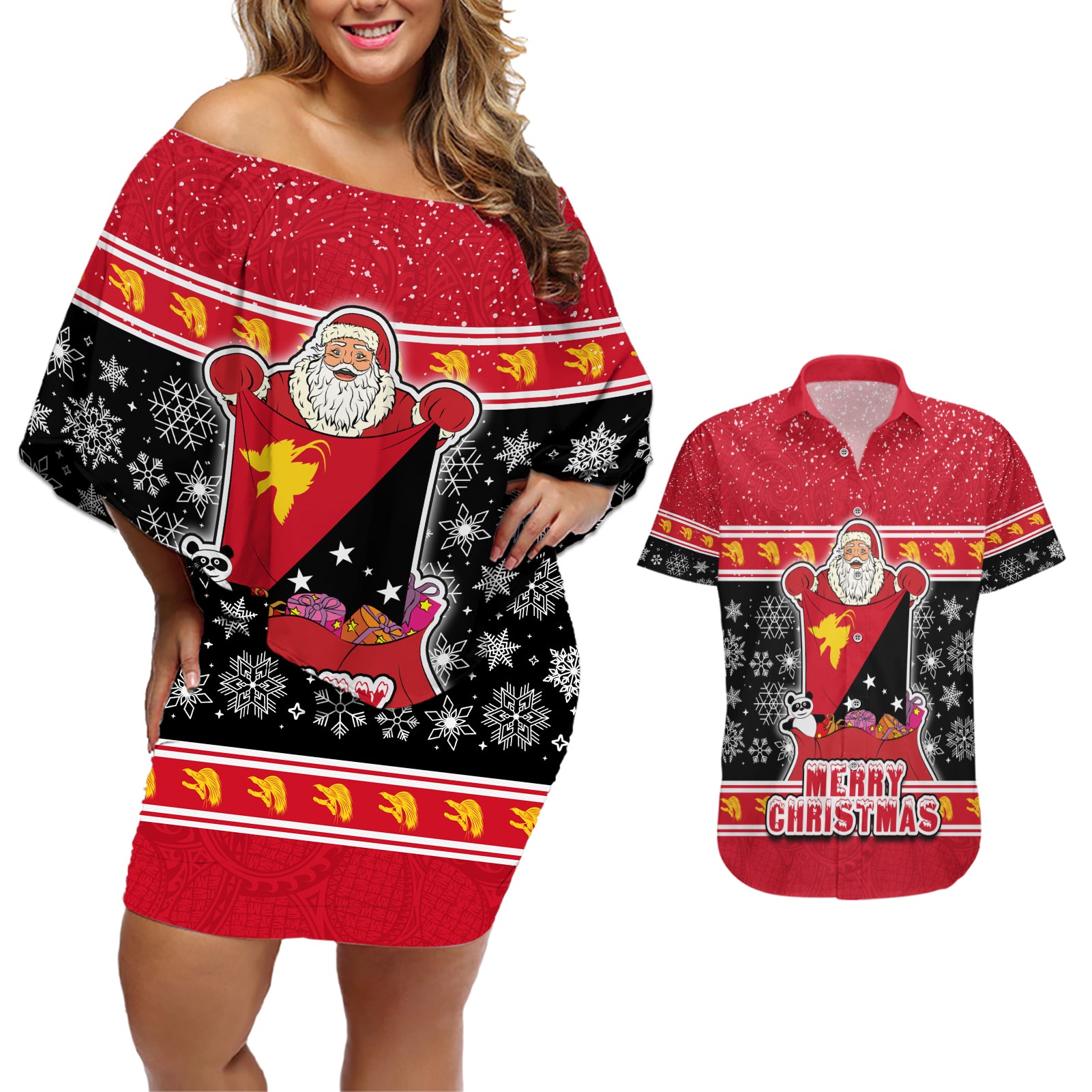 Papua New Guinea Christmas Couples Matching Off Shoulder Short Dress and Hawaiian Shirt Santa With Flag Of PNG Polynesian Tribal Xmas Vibe LT03 Red - Polynesian Pride