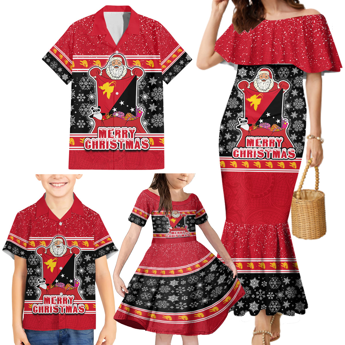 Papua New Guinea Christmas Family Matching Mermaid Dress and Hawaiian Shirt Santa With Flag Of PNG Polynesian Tribal Xmas Vibe LT03 - Polynesian Pride