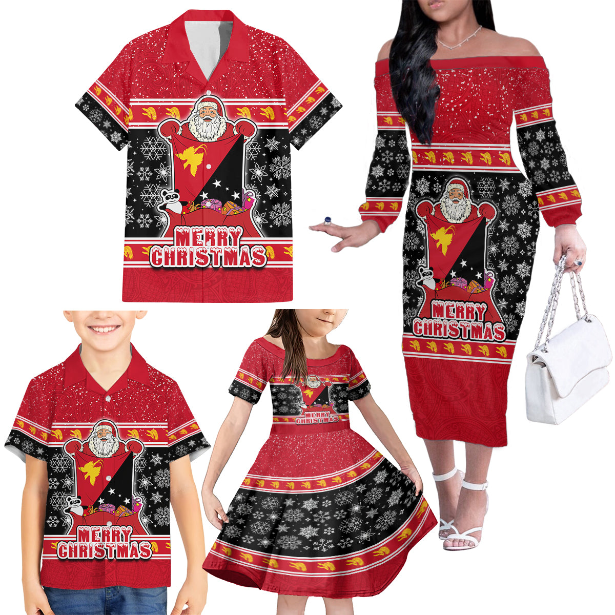 Papua New Guinea Christmas Family Matching Off Shoulder Long Sleeve Dress and Hawaiian Shirt Santa With Flag Of PNG Polynesian Tribal Xmas Vibe LT03 - Polynesian Pride