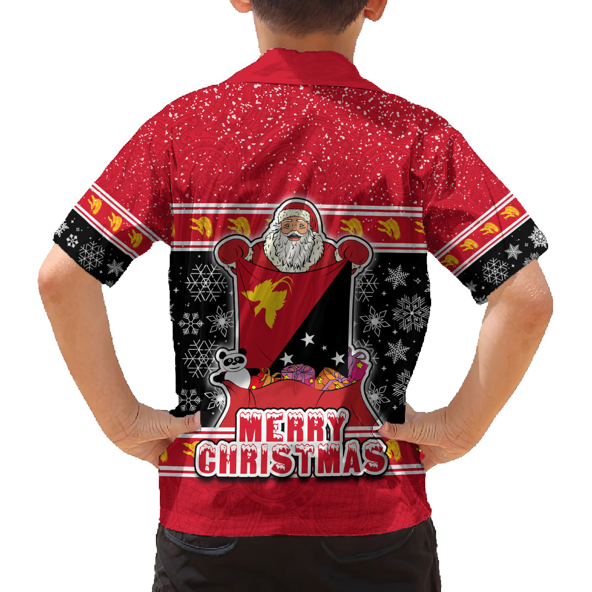 Papua New Guinea Christmas Family Matching Off Shoulder Short Dress and Hawaiian Shirt Santa With Flag Of PNG Polynesian Tribal Xmas Vibe LT03 - Polynesian Pride