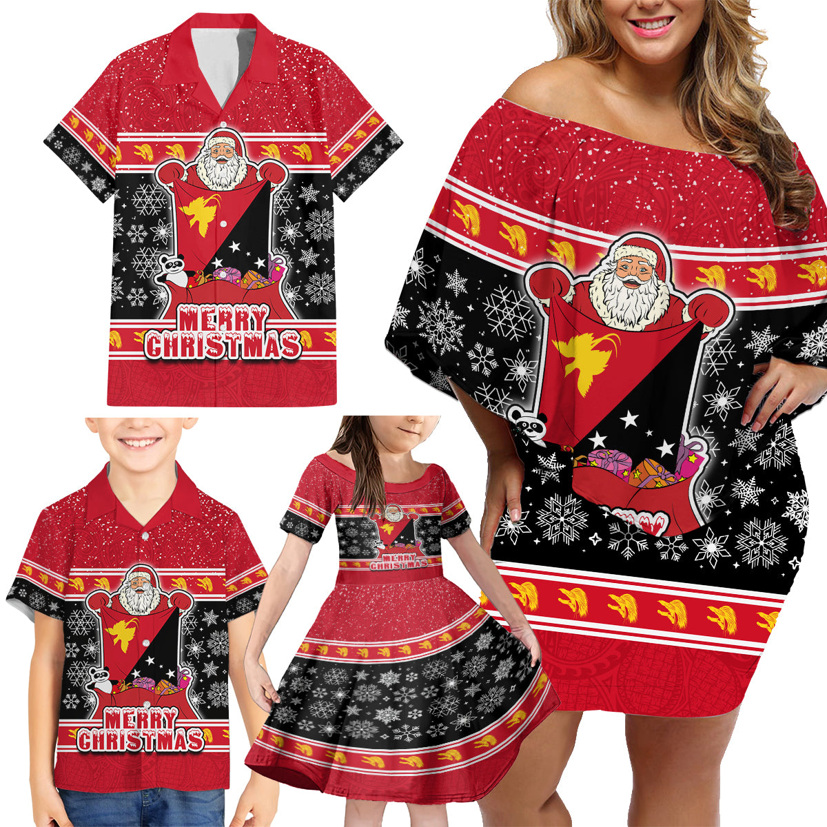 Papua New Guinea Christmas Family Matching Off Shoulder Short Dress and Hawaiian Shirt Santa With Flag Of PNG Polynesian Tribal Xmas Vibe LT03 - Polynesian Pride