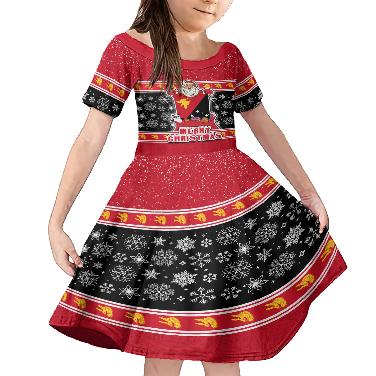 Papua New Guinea Christmas Family Matching Puletasi Dress and Hawaiian Shirt Santa With Flag Of PNG Polynesian Tribal Xmas Vibe LT03 Daughter's Dress Red - Polynesian Pride