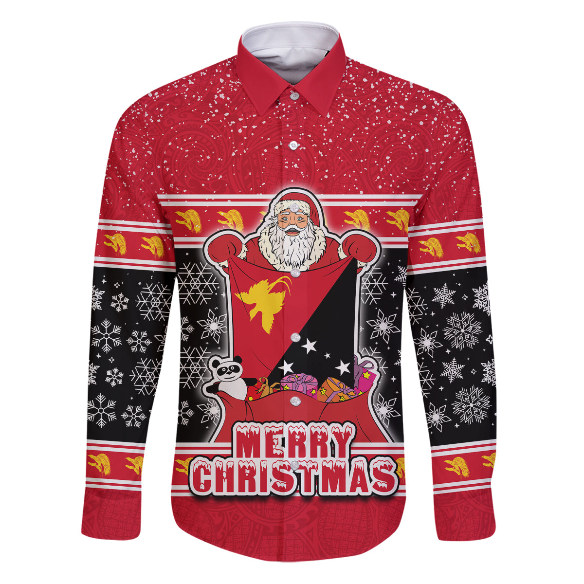 Papua New Guinea Christmas Family Matching Puletasi Dress and Hawaiian Shirt Santa With Flag Of PNG Polynesian Tribal Xmas Vibe LT03 Dad's Shirt - Long Sleeve Red - Polynesian Pride