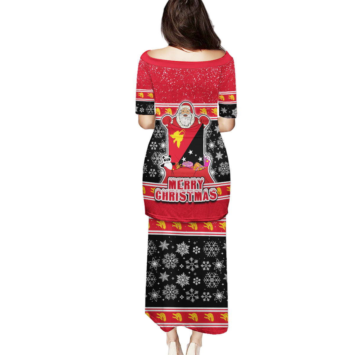 Papua New Guinea Christmas Family Matching Puletasi Dress and Hawaiian Shirt Santa With Flag Of PNG Polynesian Tribal Xmas Vibe LT03 - Polynesian Pride